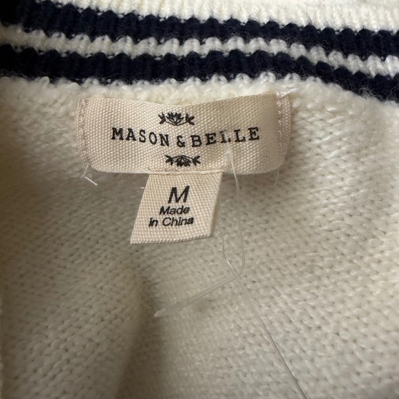 Mason & Belle Ivory Striped Trim Button Neck Knit Sweater Size M NWT - Picture 6 of 8